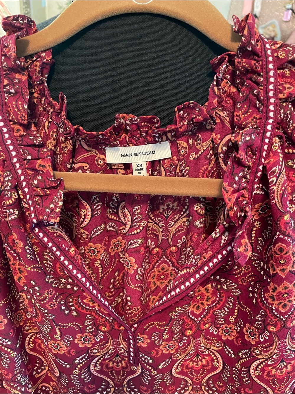 Max Studio Burgundy Paisley Ruffle-Trim Blouse